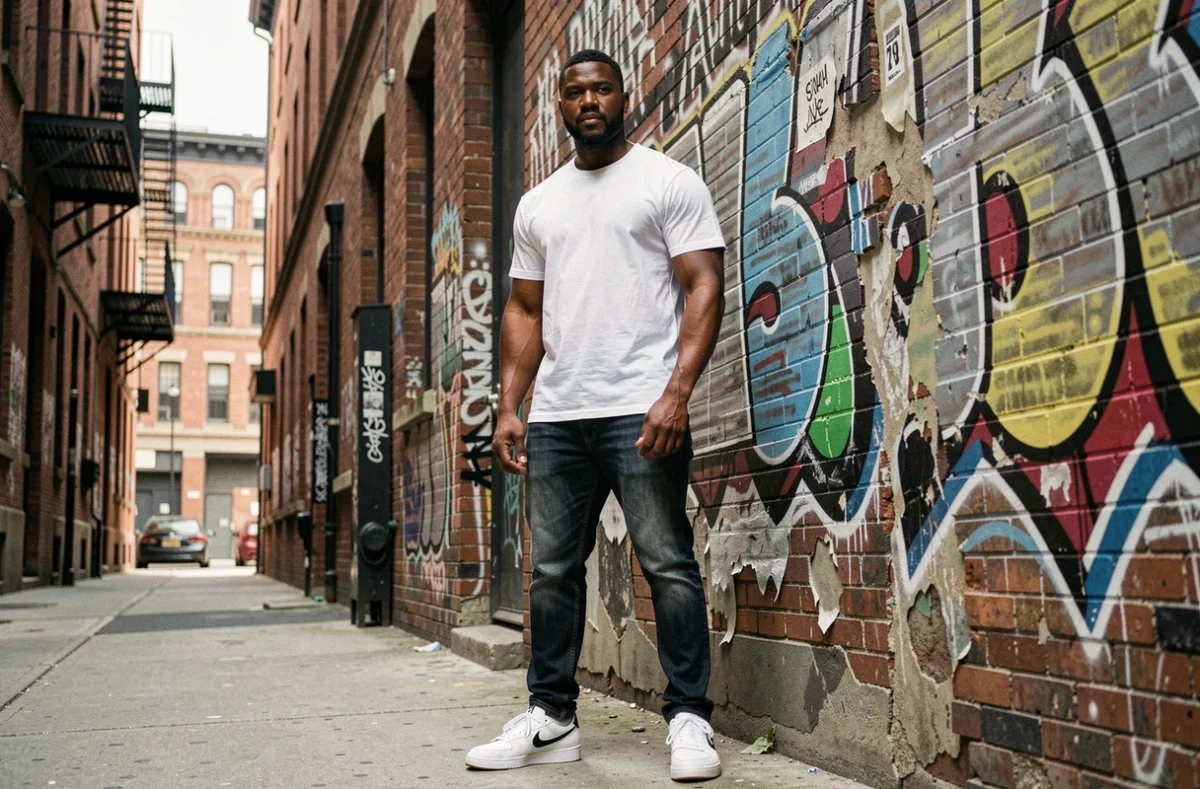Rappeur américain posant dans une ruelle urbaine de New York devant un mur de graffitis, style documentaire