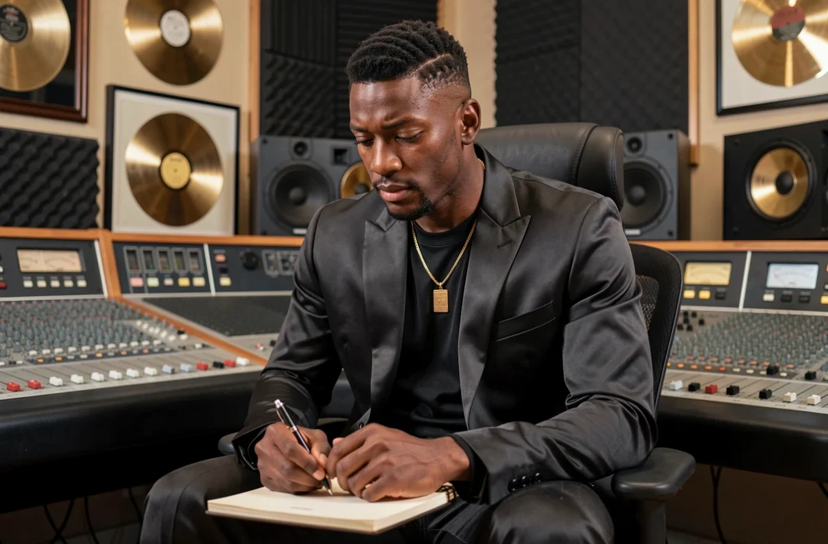 Rappeur américain en studio d'enregistrement entouré de disques de platine, prenant des notes sur un carnet