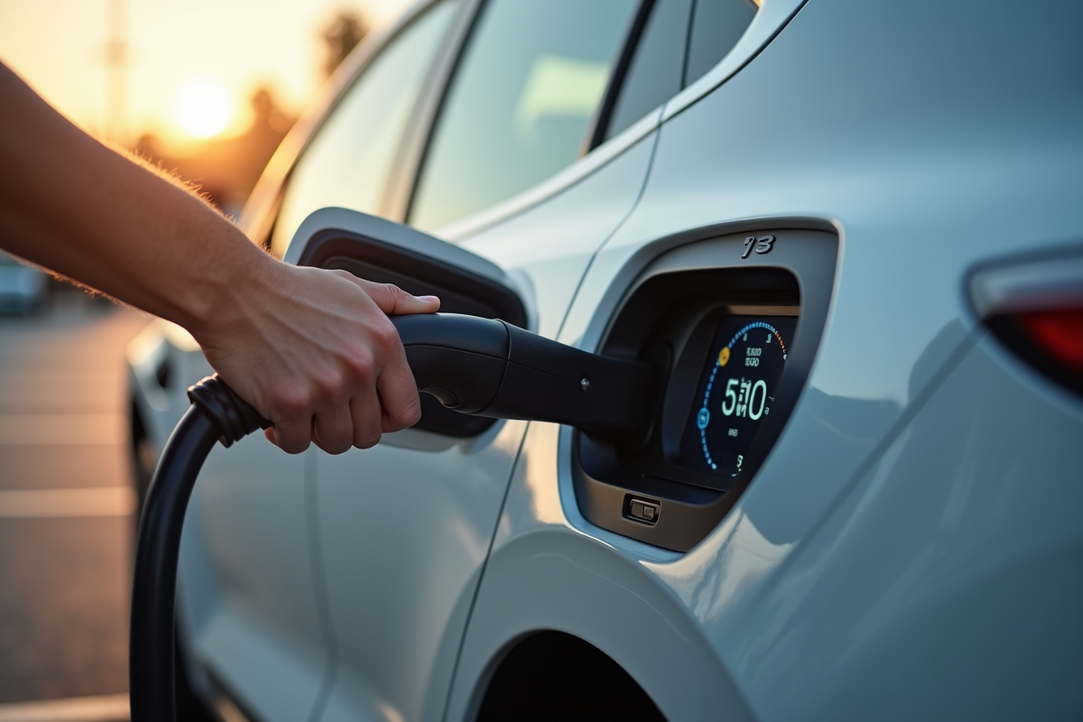 Main branchant une voiture hybride dans une station de recharge en ville