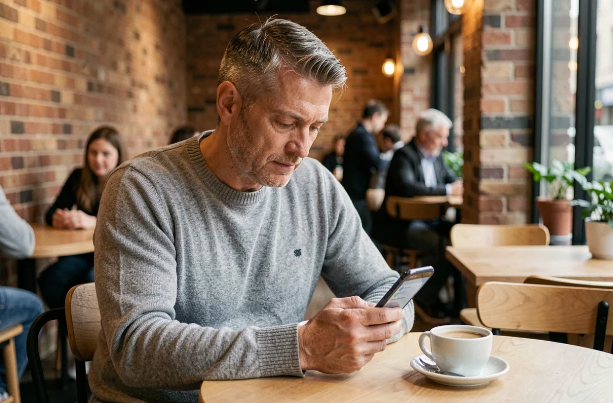 Homme utilisant une application de recherche de numéro de téléphone dans un café urbain