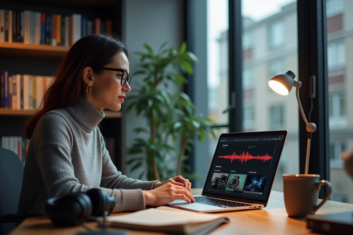 Femme rédactrice de blog multimédia travaillant sur un article dédié à la haute fidélité audio et à l'image