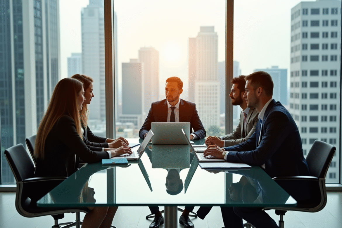Réunion d'affaires entre cadres et gestionnaire relations investisseurs