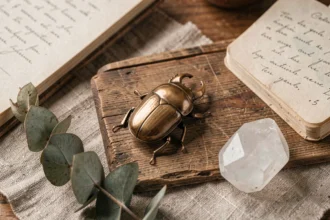 Figurine de scarabée en bronze posée sur un bureau en bois ancien avec un journal, un cristal de quartz et des herbes séchées, symbolisant la loi de l'attraction