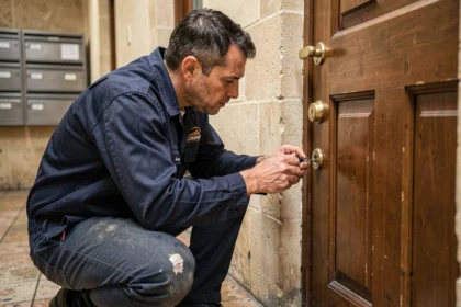 Serrurier professionnel en intervention d'urgence devant une porte d'appartement en Meurthe-et-Moselle