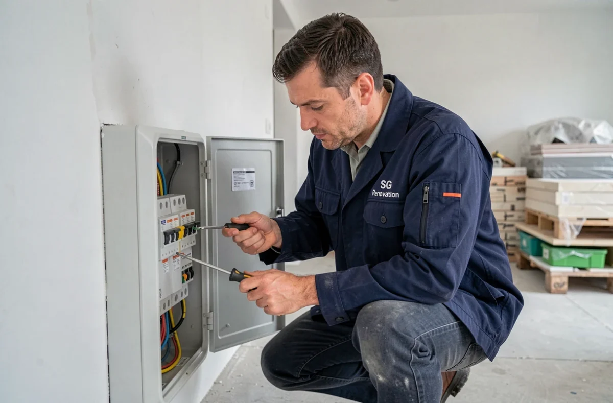 Électricien de SG Renovation inspectant un tableau électrique dans un appartement en rénovation à Boulogne-Billancourt