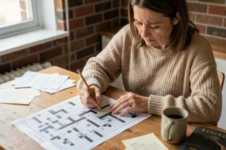 Femme résolvant une grille de mots croisés imprimée à la table de cuisine avec un crayon, sans utiliser internet