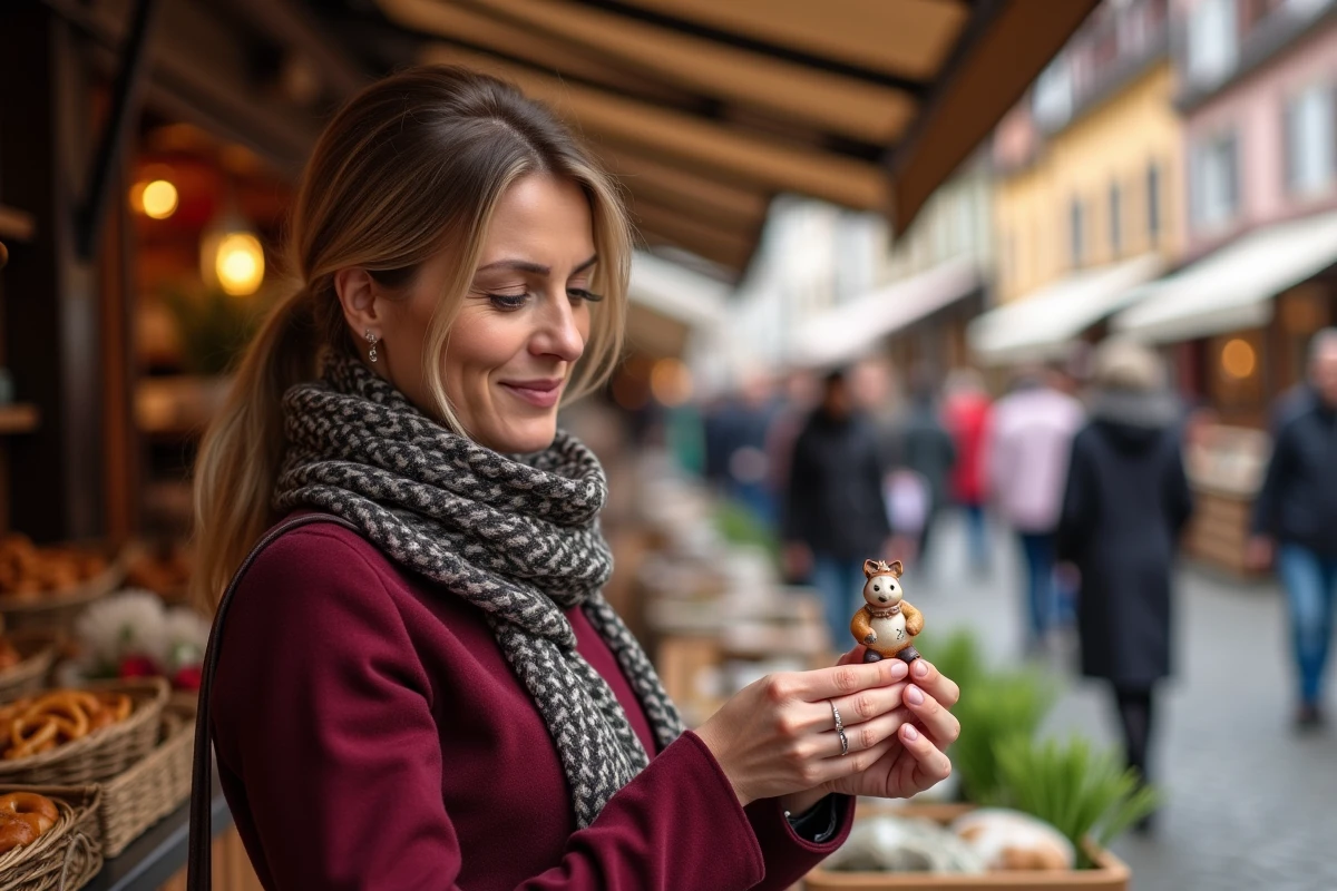 Femme explorant un marché artisanal alsacien près de Strasbourg lors d'une sortie en Alsace