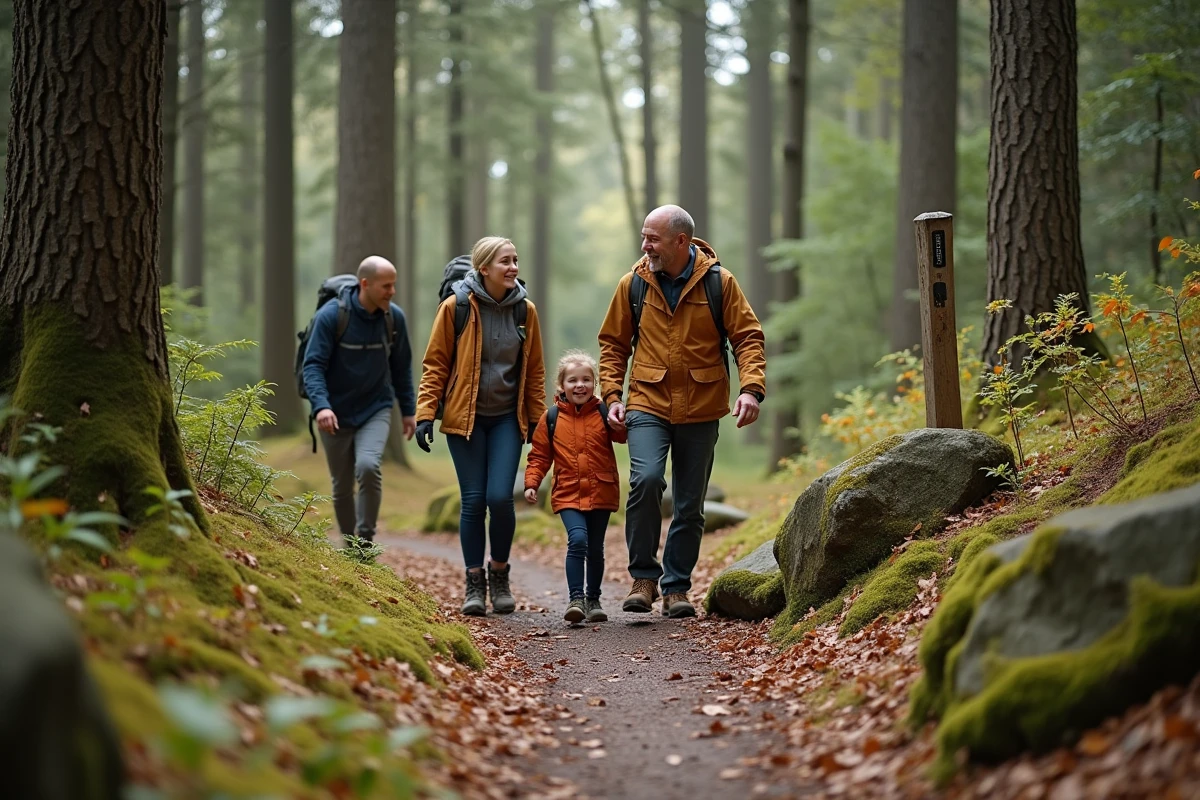 Famille en randonnée sur un sentier forestier des collines des Vosges lors d'une sortie en Alsace près de Strasbourg