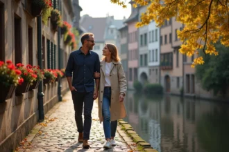 Couple se promenant le long du canal de la Petite France à Strasbourg lors d'une sortie en Alsace