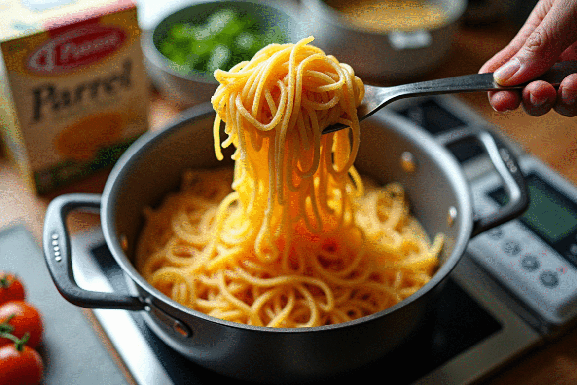Spaghetti débordant d'une casserole sur un plan de travail