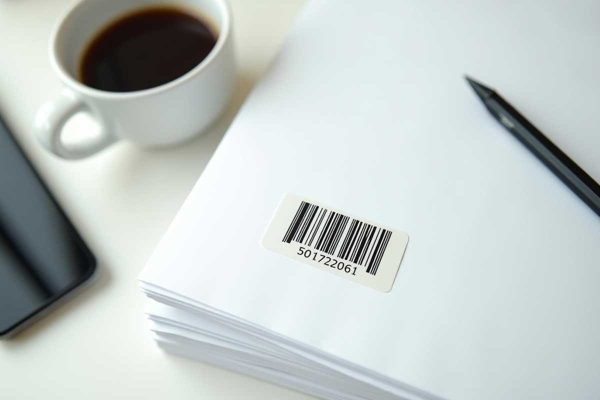 Sticker de code-barres posé sur des papiers avec une tasse de café et un smartphone