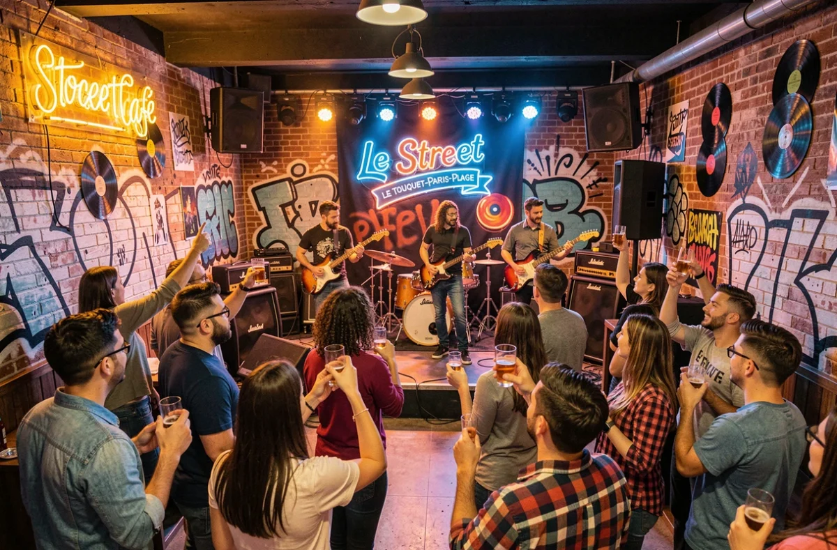 Groupe de musique live sur scène au Street Café du Touquet-Paris-Plage, avec un public enthousiaste dans un décor urbain aux murs en briques et fresques colorées.