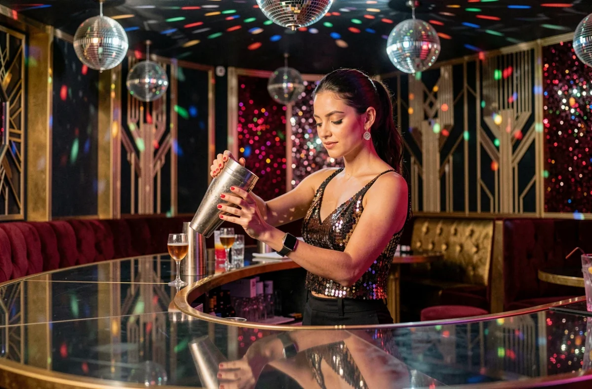 Barmaid en tenue pailletée préparant un cocktail au Studio 54 Cocktails Bar d'Arras, dans un décor rétro-glam inspiré des années 70 avec boule à facettes et velours rouge.