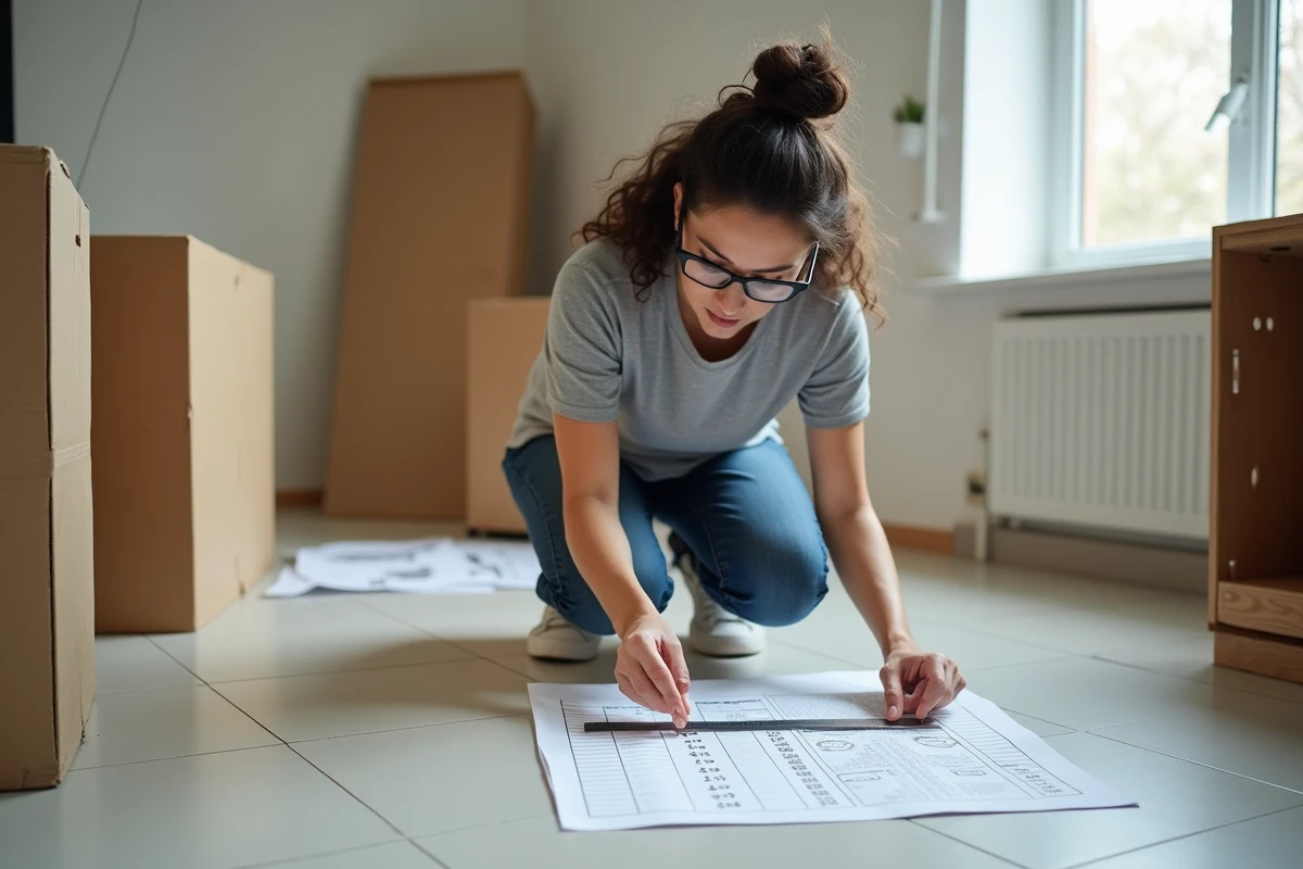 Femme consultant un tableau de conversion pouces en centimètres lors d'un montage de meuble en kit