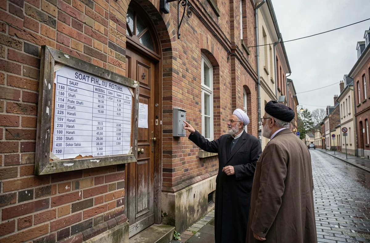 Tableau des horaires de prière affiché à l'entrée d'une mosquée de Douai selon différentes écoles juridiques
