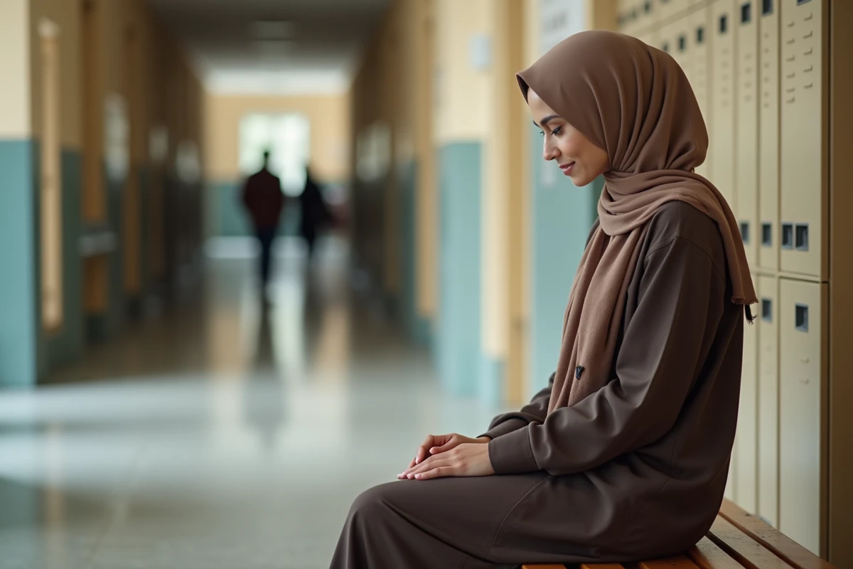 Jeune femme voilée faisant une pause de purification spirituelle discrète dans un couloir d'université entre deux cours