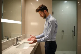 Homme effectuant le tayammum discrètement dans les toilettes d'un bureau professionnel en posant les mains sur un mur en céramique