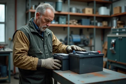 Technicien vérifiant une batterie dans un atelier pratique