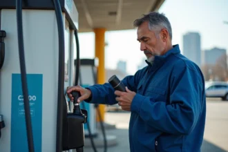 Technicien homme vérifiant une fuite d'hydrogène à la station