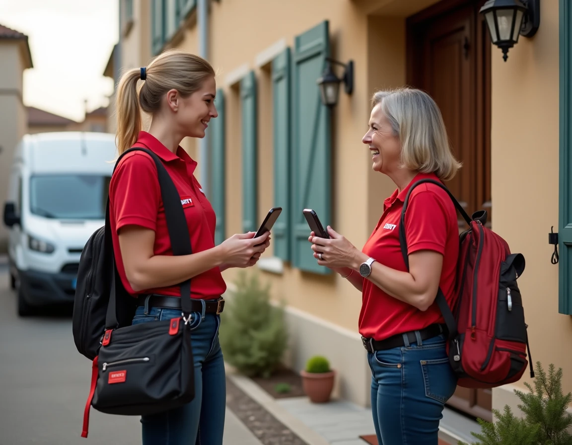 Technicienne SAV Darty accueillie à domicile par une cliente montrant sa confirmation de rendez-vous par mail