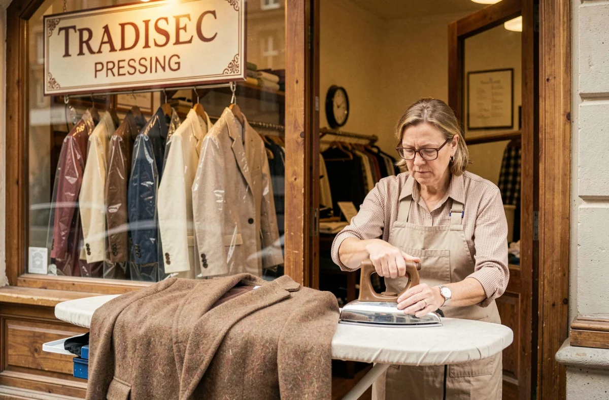 Employée de Tradisec Pressing à Lille repassant un manteau en laine avec un fer professionnel