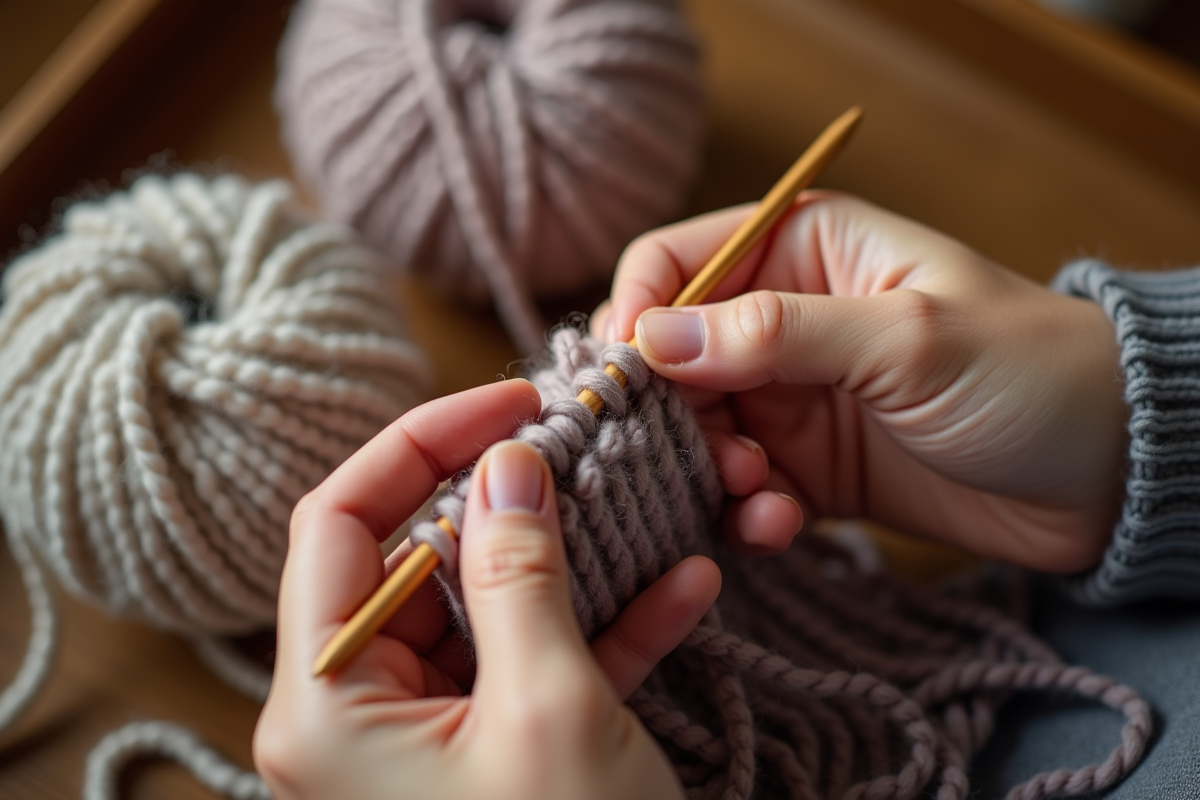 Mains tricotant avec de la chenille douce et veloutée