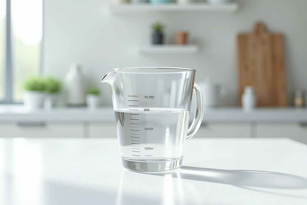 Verre mesureur rempli de 100 ml d'eau sur plan de cuisine blanc