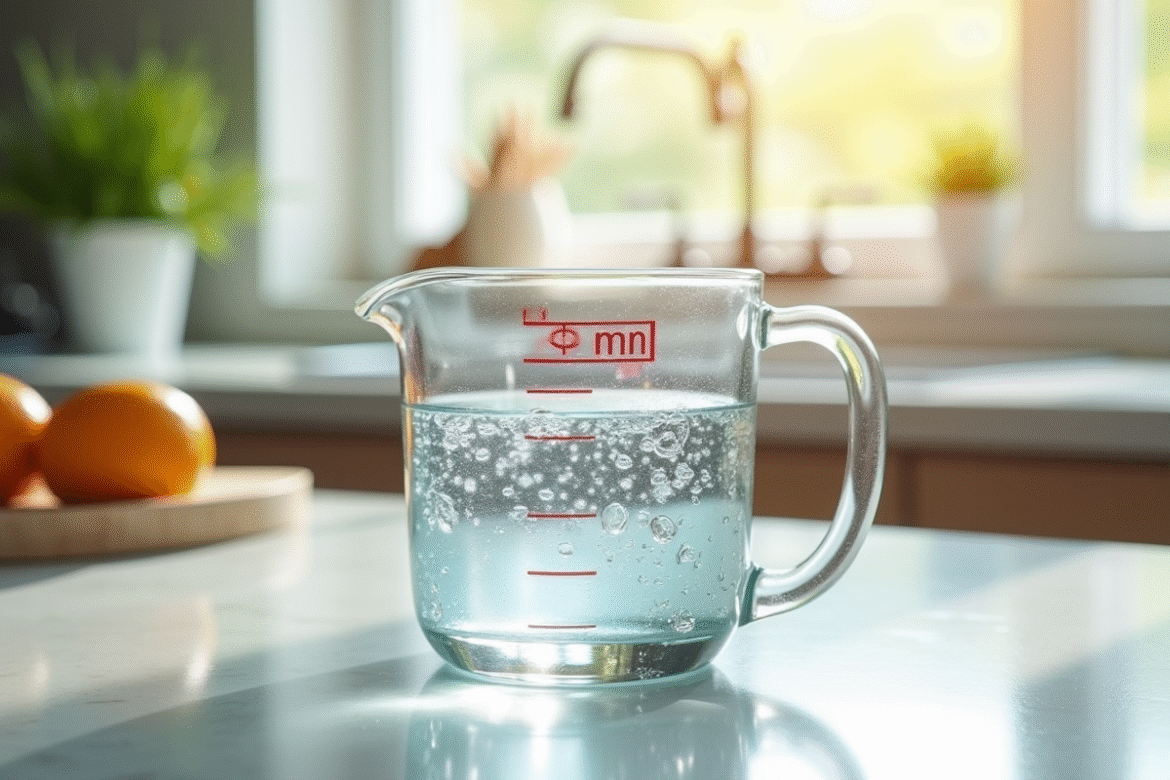 Verre mesure d'eau de 300 ml sur plan de travail lumineux