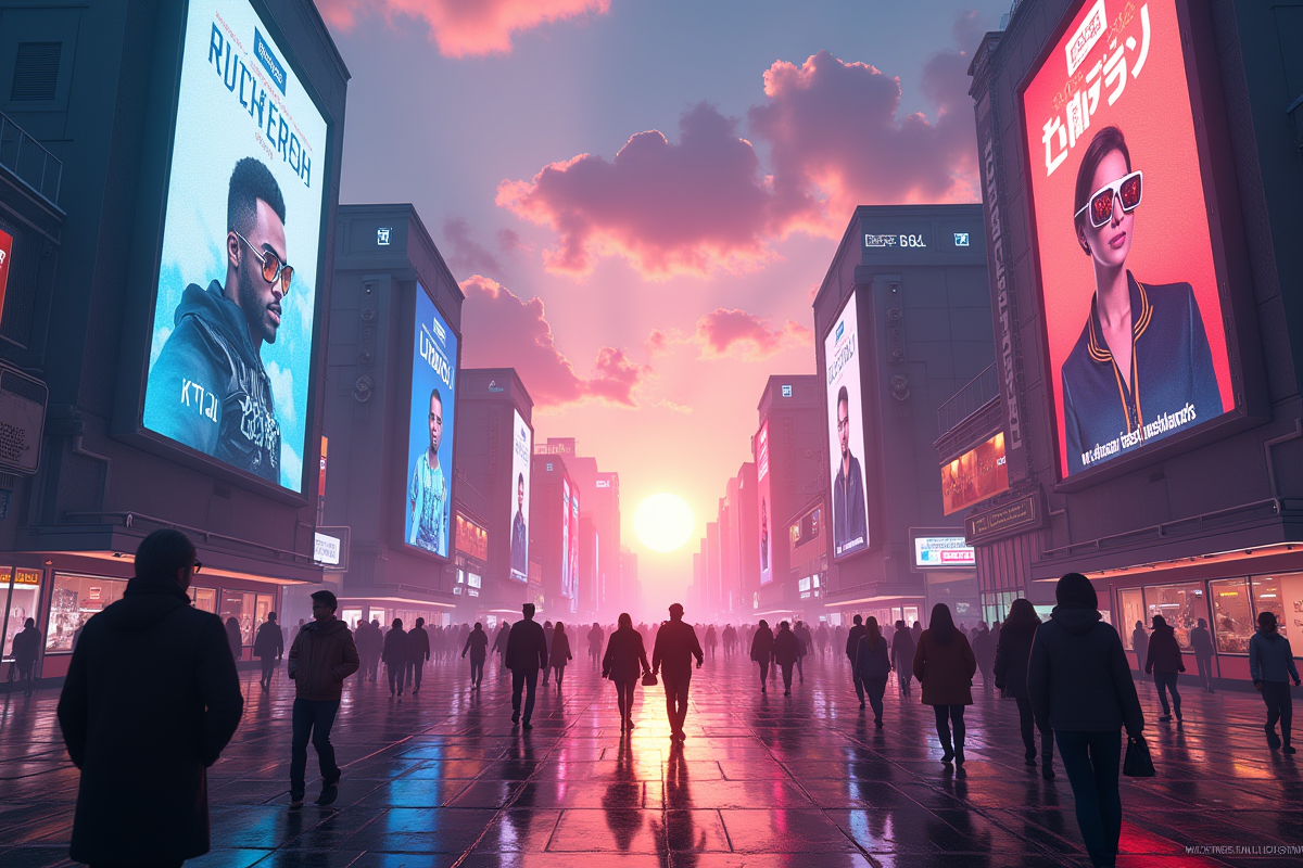 Ville futuriste avec panneaux numériques et réalité augmentée
