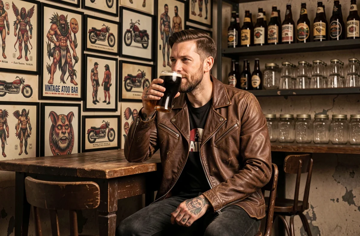 Client tatoué dégustant une bière artisanale au Vintage Tatoo Bar de Béthune, entouré de flash art tatouage et d'affiches vintage dans un décor industriel.