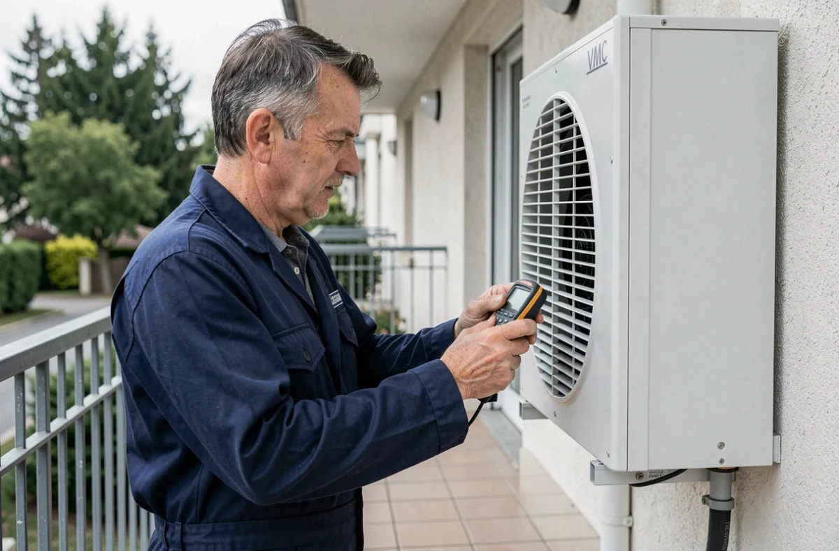 Technicien VMC Île-de-France inspectant une unité de ventilation mécanique contrôlée à Boulogne-Billancourt