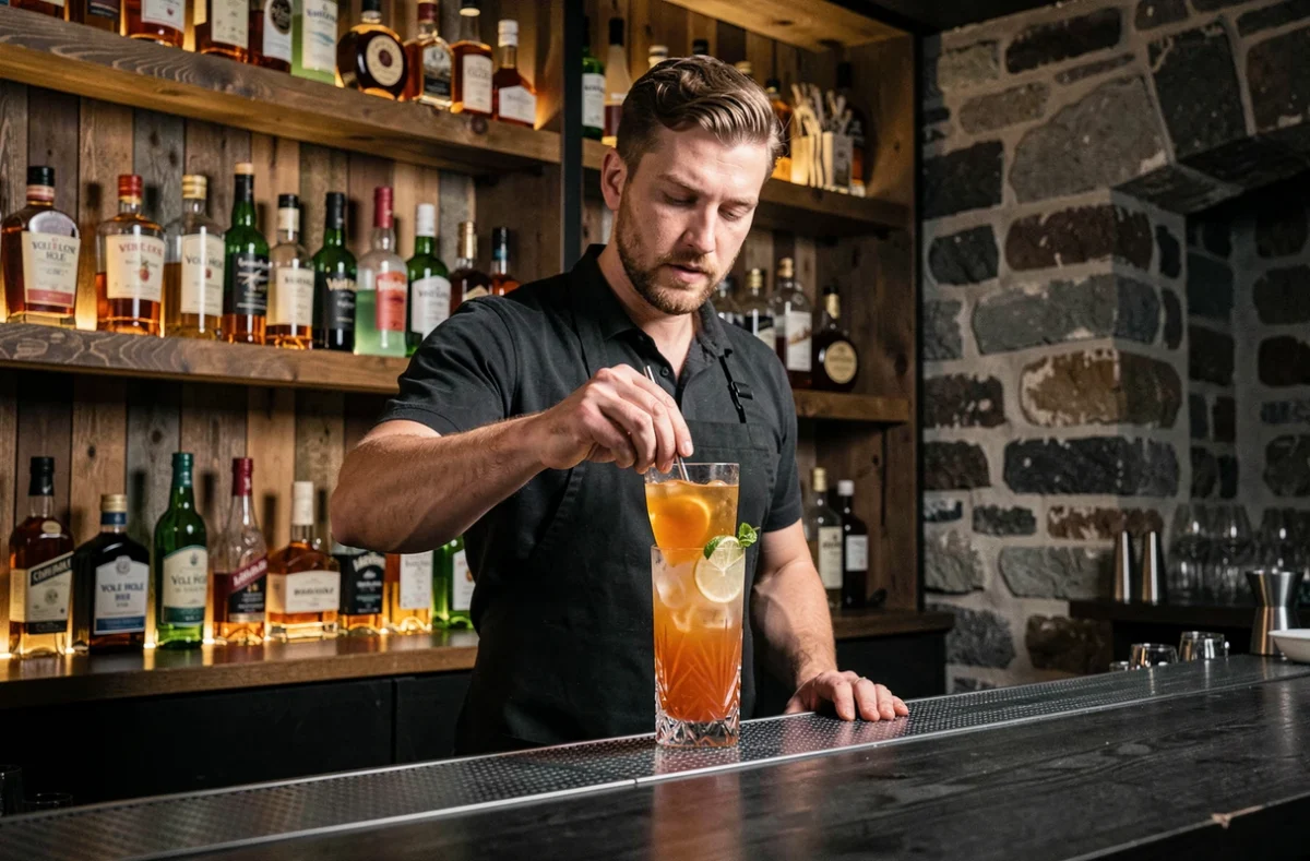 Bartender préparant un cocktail élaboré au Vole Hole, bar à cocktails de Boulogne-sur-Mer, avec un comptoir sombre et des étagères de spiritueux rétroéclairées.